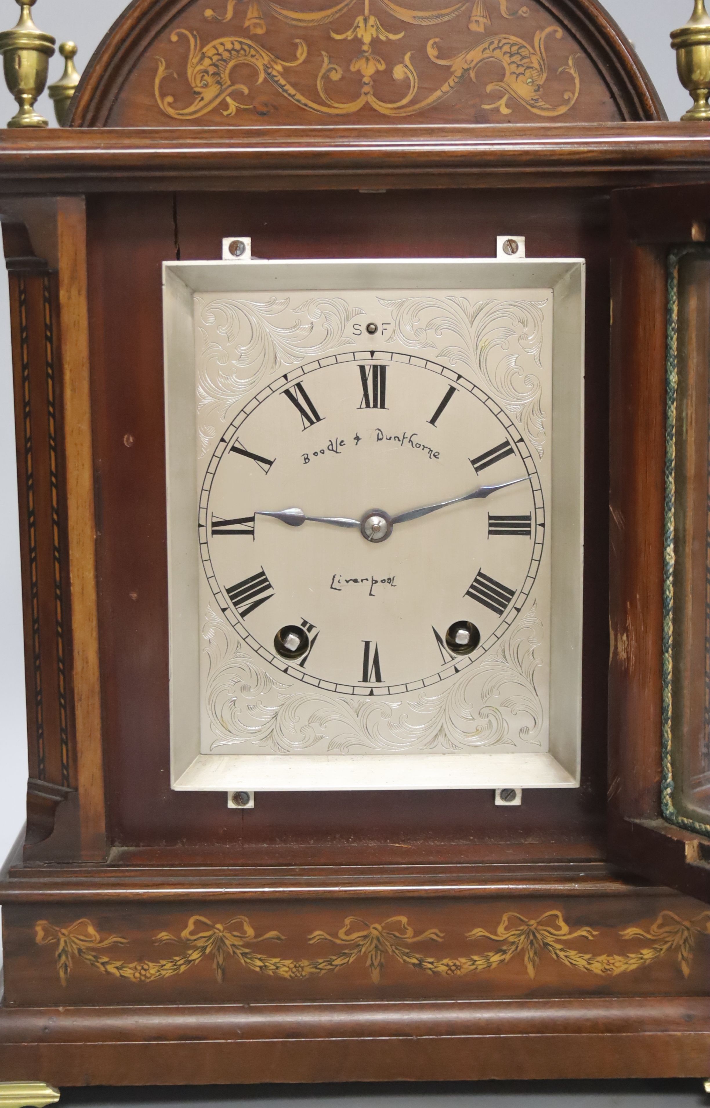 An inlaid mahogany eight day bracket clock, the silvered 3.5 inch dial later marked Boodle & Dunthorne, Liverpool, 23cm wide 32cm high